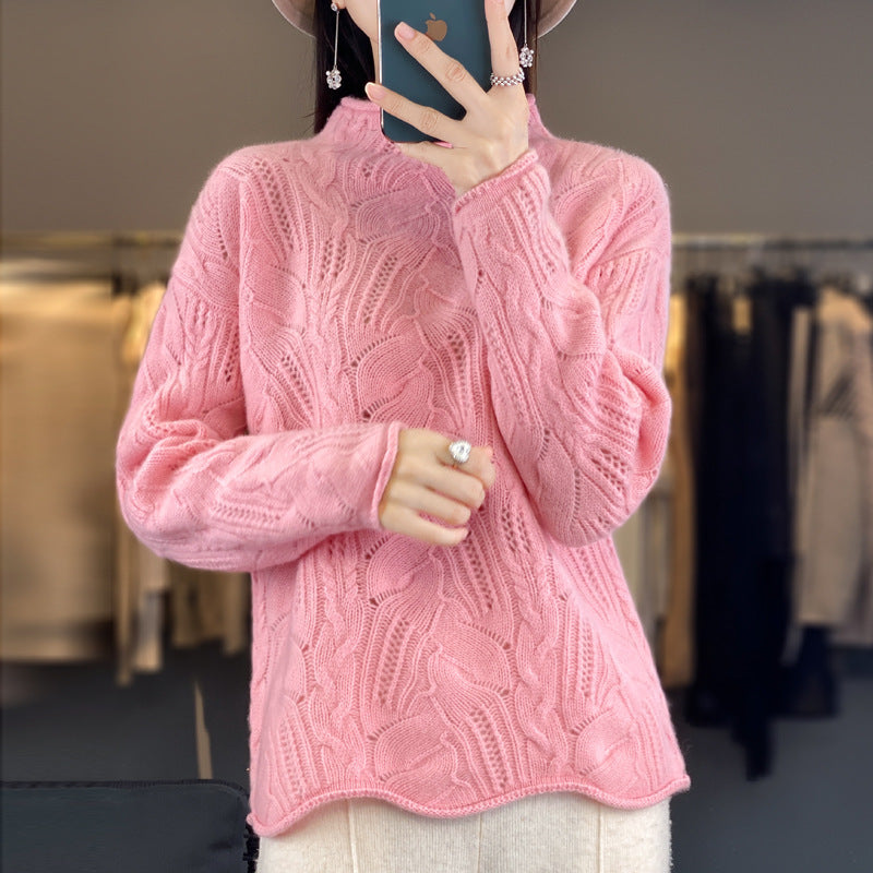 Autumn And Winter New Half High Collar Pullover Solid Color Hollow Sweater