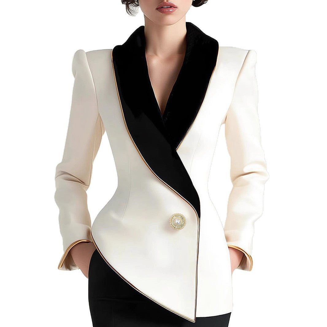 Fashion Irregular Women's Golden Edge Pearl Button Long Sleeve Coat