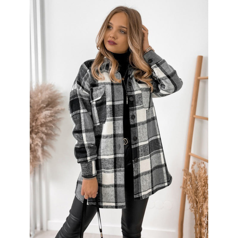 Long Sleeve Single-breasted Plaid Printed Blouse Collar Woolen Coat