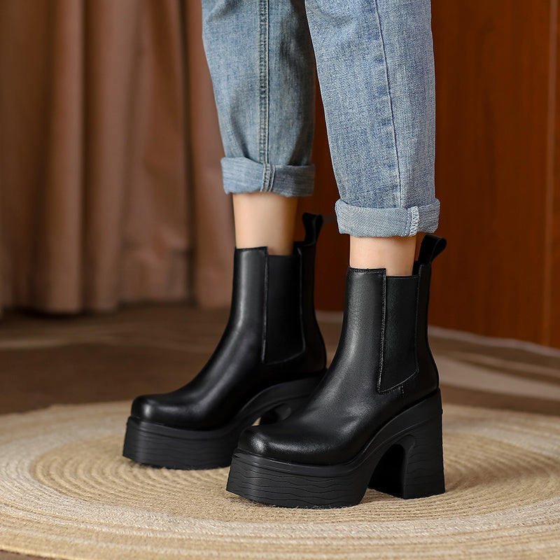Women's Square Toe Chunky Heel Platform Ankle Boots