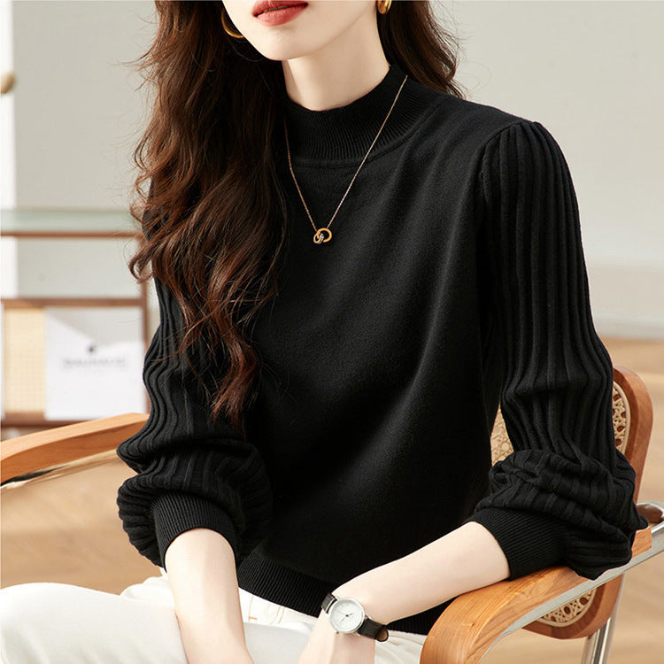 Slimming Versatile Casual Sunken Stripe Half Turtleneck Bottoming Shirt