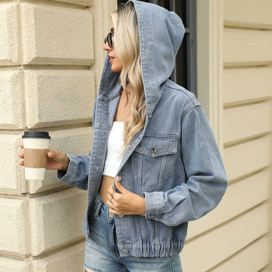 Washed Hooded Denim Jacket Coat Top