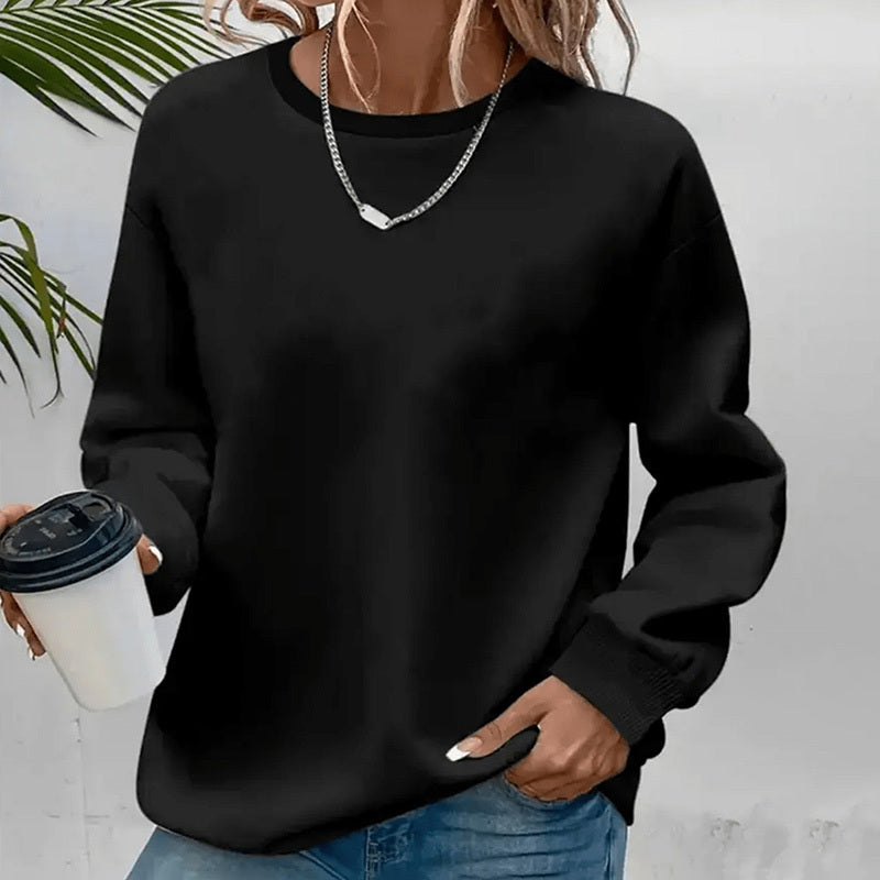 Women's Solid Color Casual Pullover Sweatshirt - Minimalist Round Neck Long Sleeve Top For Spring&Fall