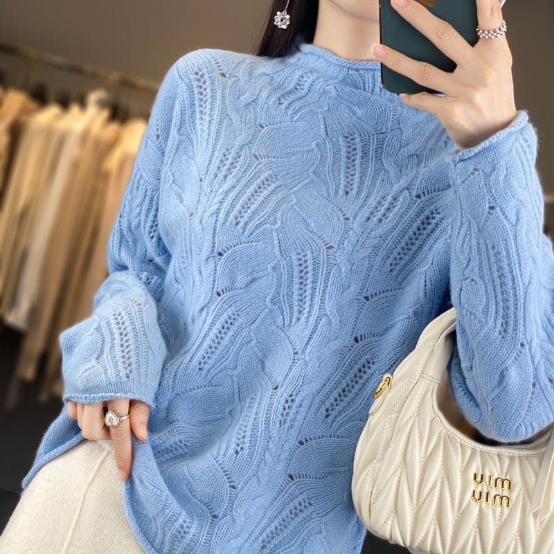 Autumn And Winter New Half High Collar Pullover Solid Color Hollow Sweater