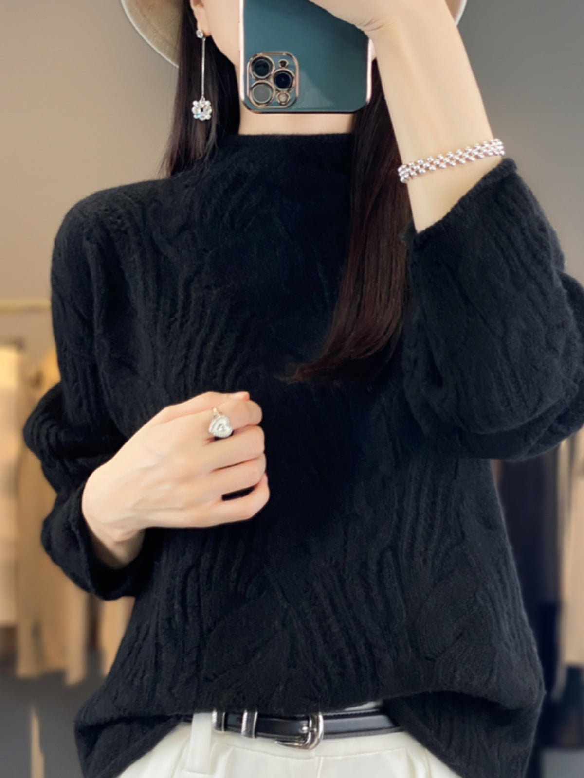 Autumn And Winter New Half High Collar Pullover Solid Color Hollow Sweater