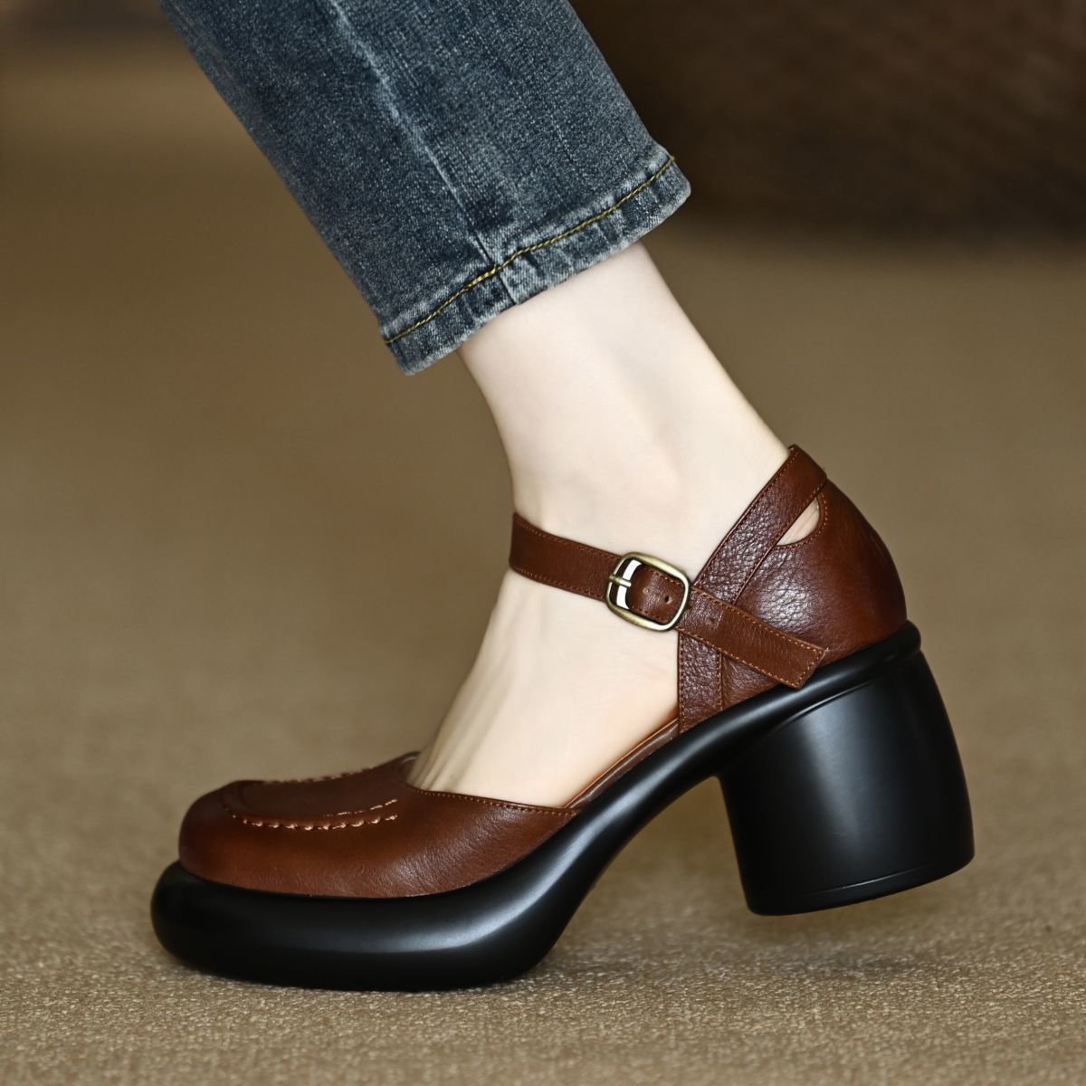 Closed Toe Thick Heel Ankle-strap Shallow Mouth