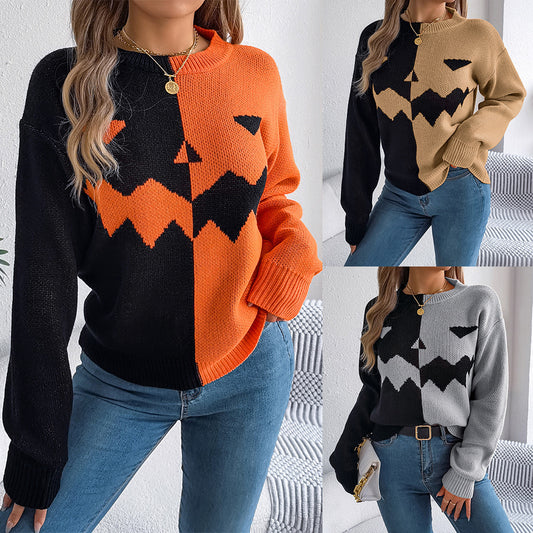 Fall And Winter Halloween Spooky Pumpkin Contrast Long Sleeve Pullover Sweater Women's Clothing