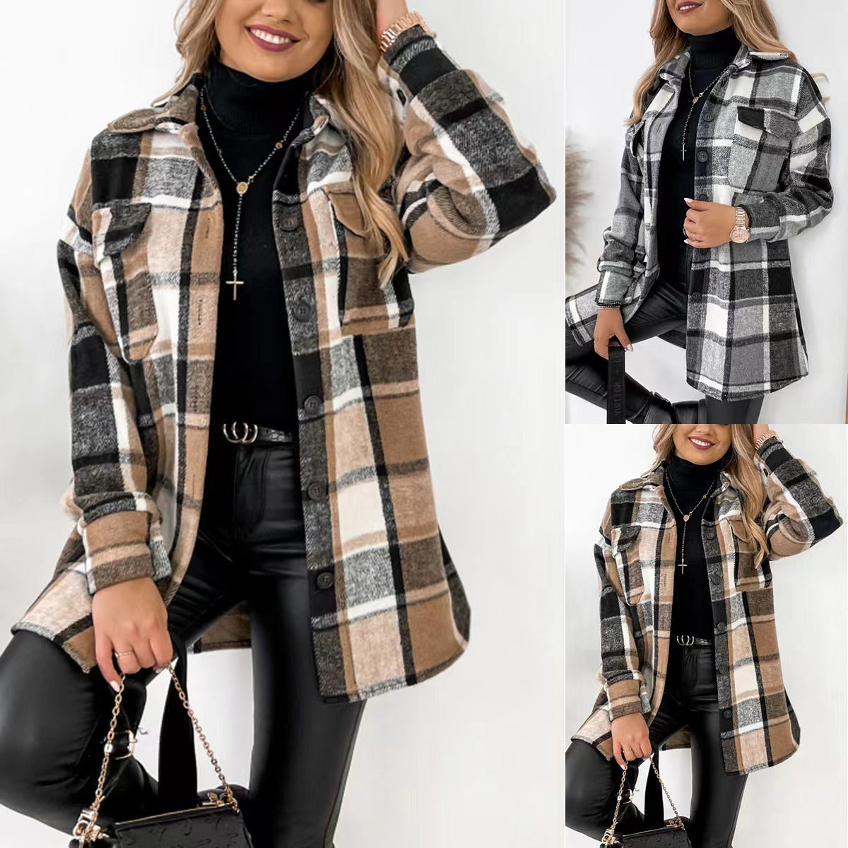 Long Sleeve Single-breasted Plaid Printed Blouse Collar Woolen Coat