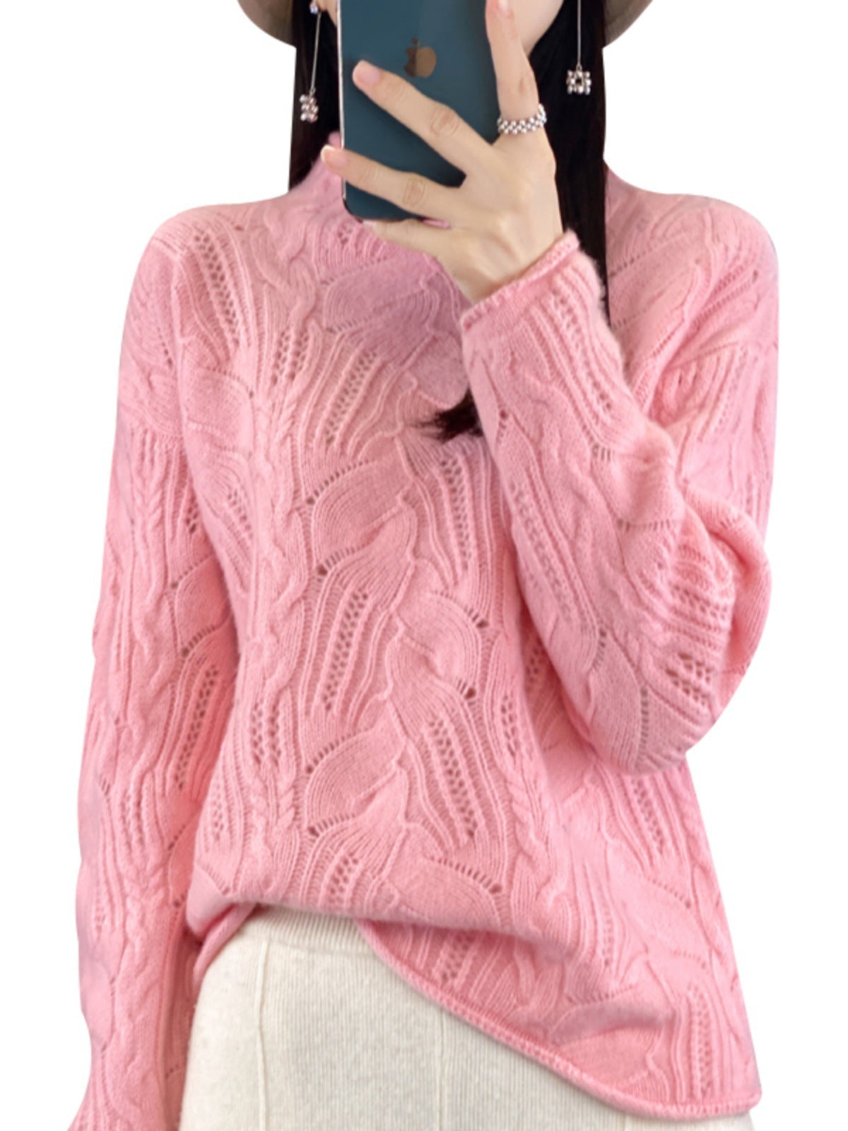 Autumn And Winter New Half High Collar Pullover Solid Color Hollow Sweater