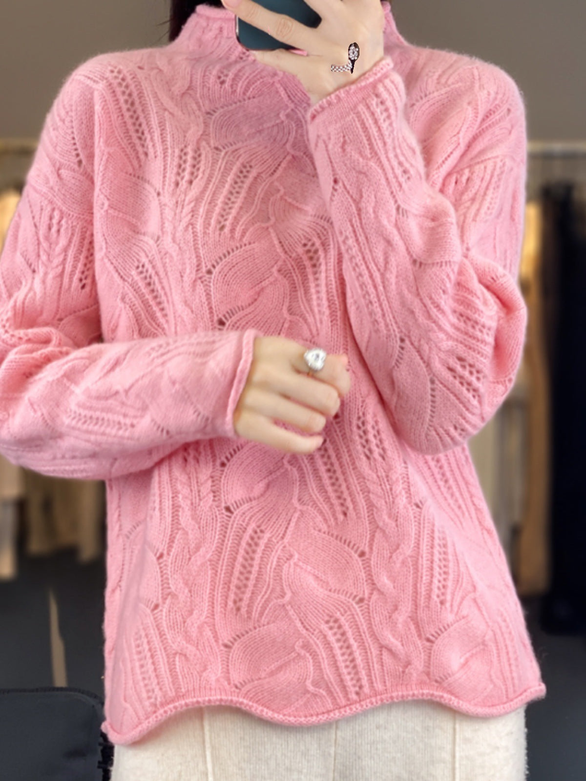 Autumn And Winter New Half High Collar Pullover Solid Color Hollow Sweater