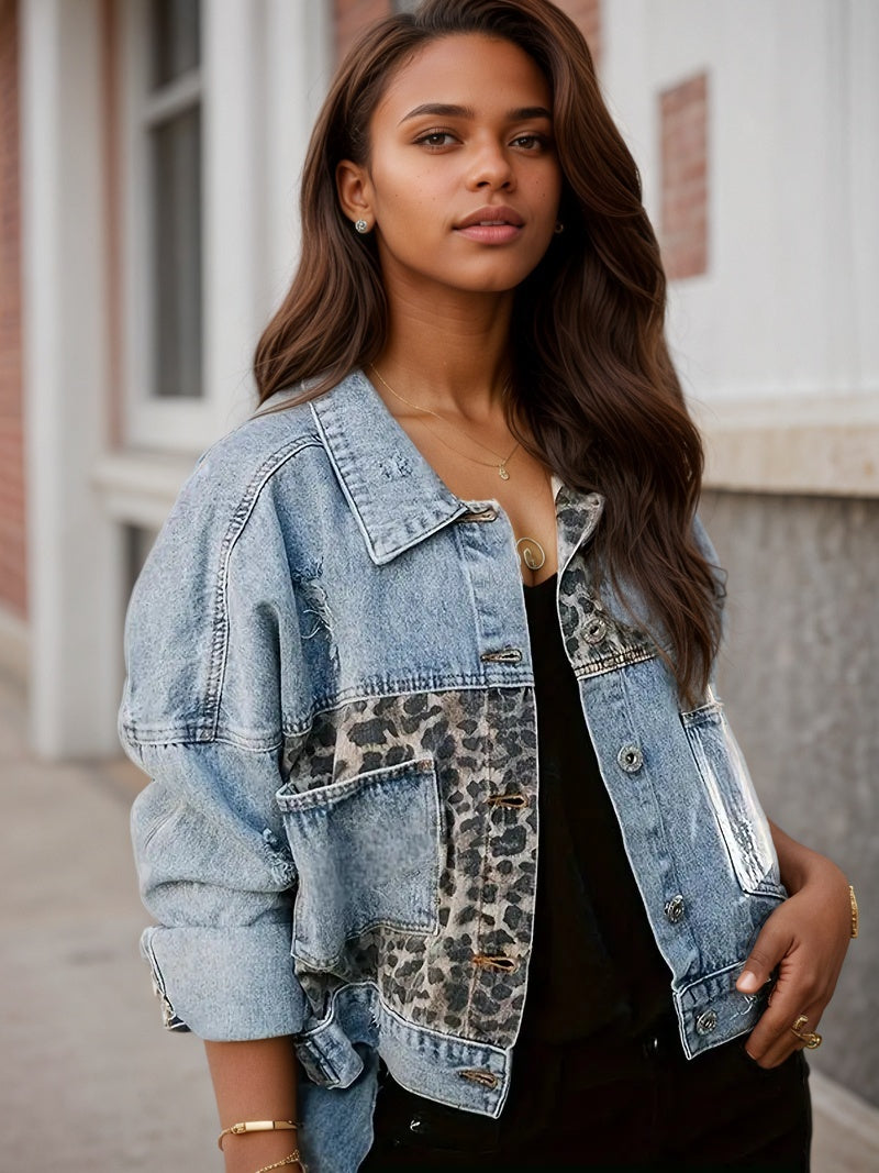 2025 Wear And Tear Denim Jacket, Women's Leopard Patch Short Jacket, Fashionable Street Outdoor Style, Women's Leopard Print Denim Jacket, Cool And Casual