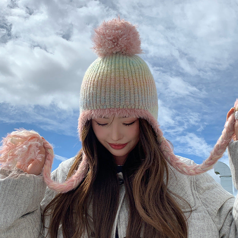 New Style With Fur Ball Thickened Woolen Cap Korean Style Earflaps Slipover Knitted Hat