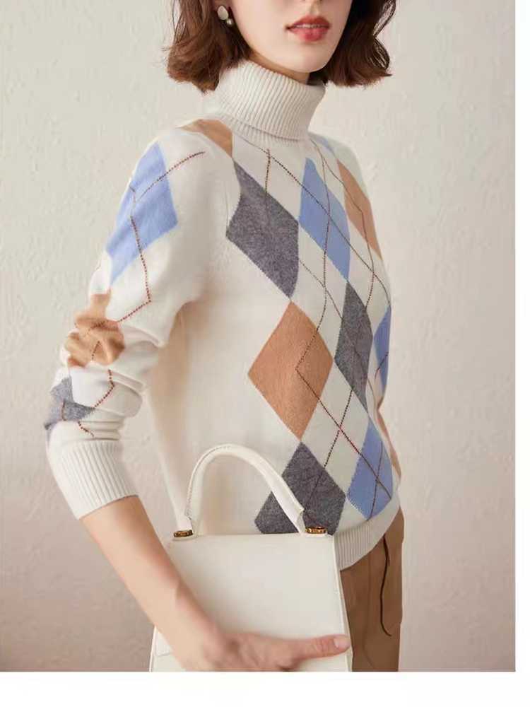 Vintage Diamond Lattice Pure Cashmere High Lapel Inlay Knitted Sweater