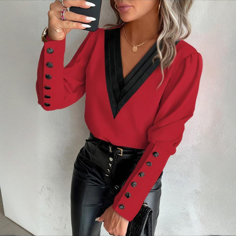 Women's V-Neck Contrast Trim Long Sleeve Blouse With Button Cuff Detail - Casual Comfort Top For Spring&Fall