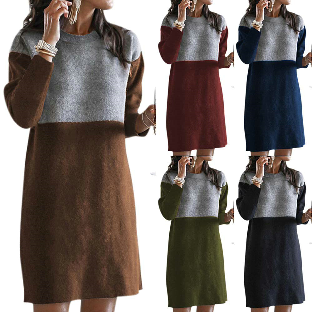 Women's Sweater Patchwork Skirt Loose Round Neck Long Sleeve