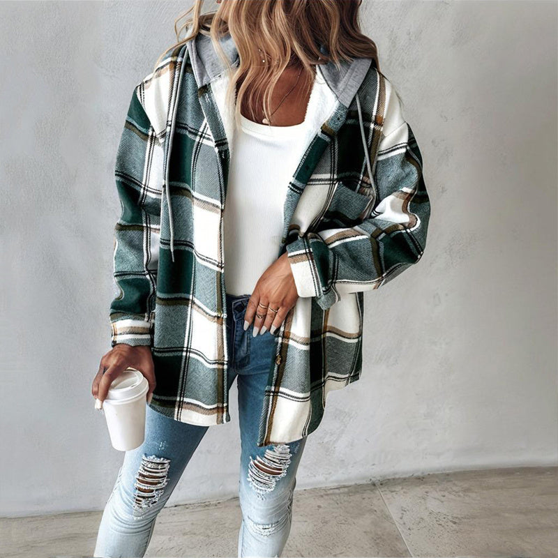 Women's Plaid Drawstring Hoodie Long Sleeve Shirt Button Front Casual Tops Spring&Fall Fashion Minimalist Style