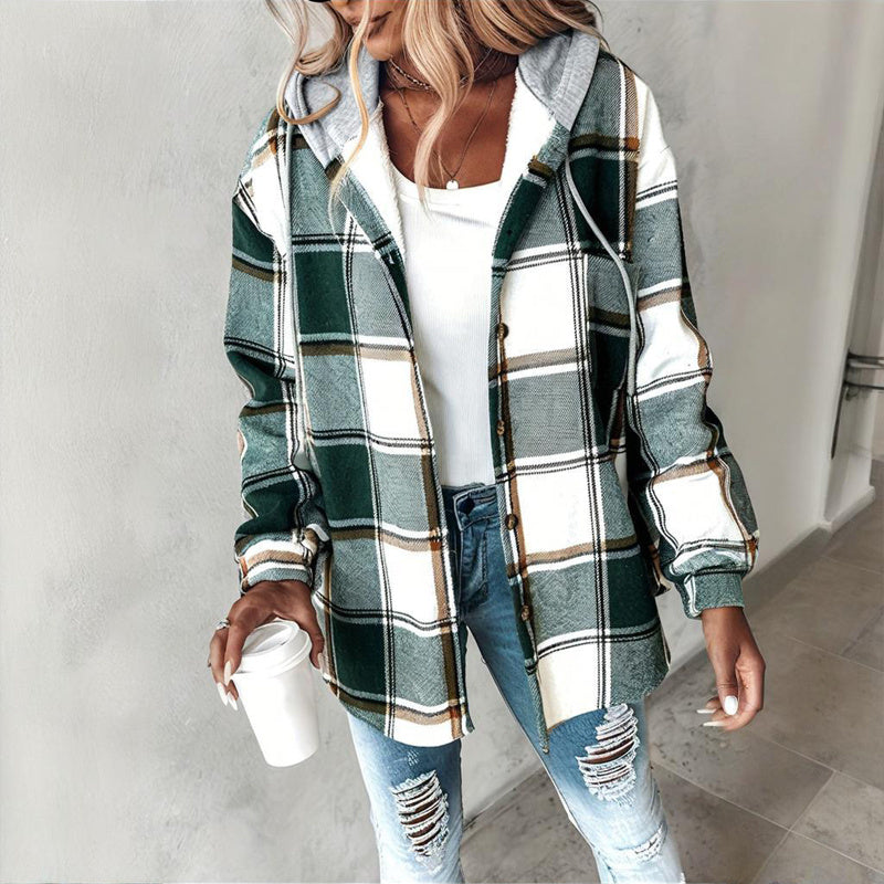 Women's Plaid Drawstring Hoodie Long Sleeve Shirt Button Front Casual Tops Spring&Fall Fashion Minimalist Style