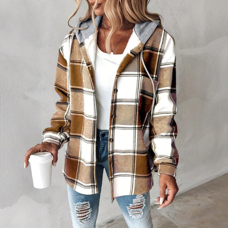 Women's Plaid Drawstring Hoodie Long Sleeve Shirt Button Front Casual Tops Spring&Fall Fashion Minimalist Style