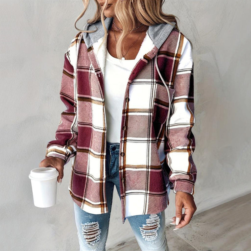 Women's Plaid Drawstring Hoodie Long Sleeve Shirt Button Front Casual Tops Spring&Fall Fashion Minimalist Style
