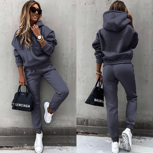 Women's Casual 2-Piece Tracksuit, Solid Color Hooded Sweatshirt And Slim Fit Jogger Pants For Autumn And Winter