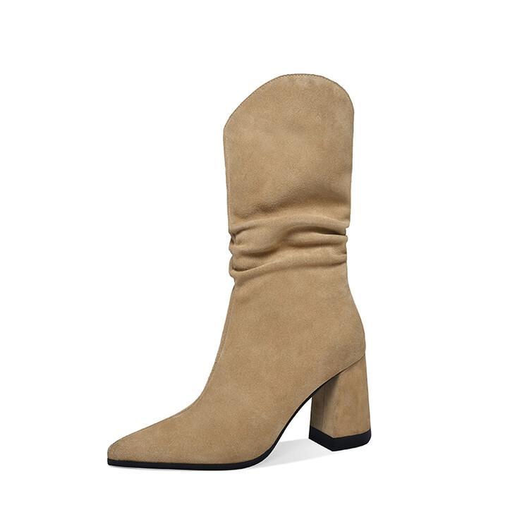 Women's Korean Style Thick Heel Pointed Toe Nubuck Leather Folded Mid-tube Ankle Boots