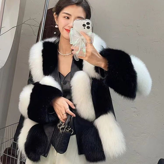 Women's Black And White Contrast Fur Coat