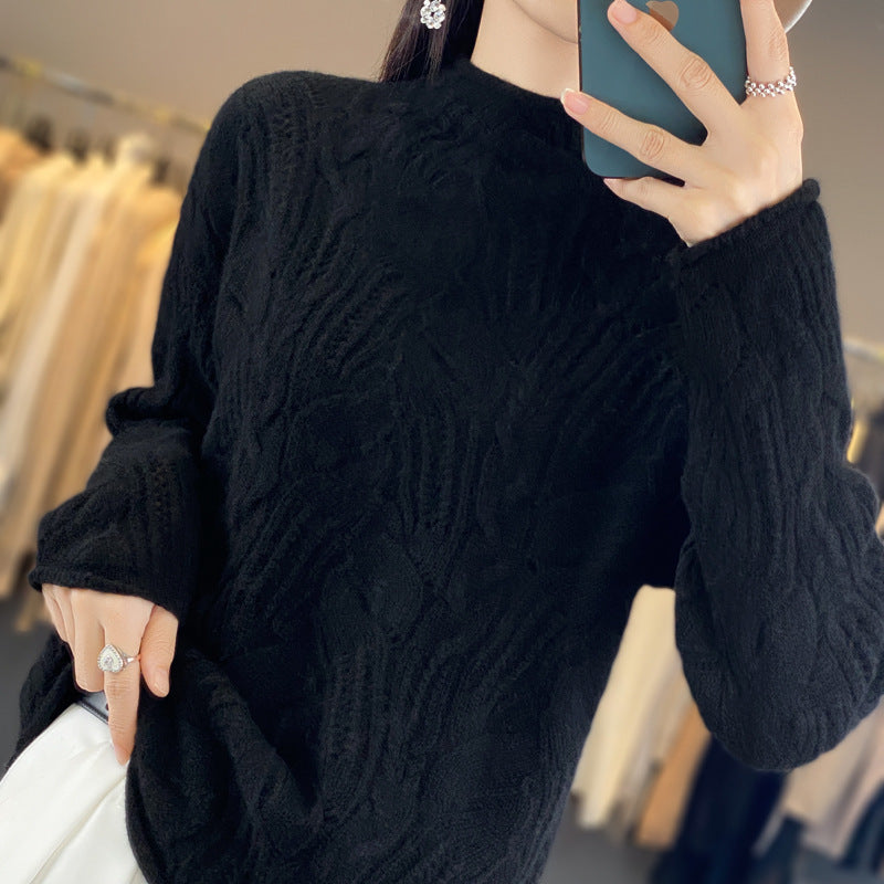 Autumn And Winter New Half High Collar Pullover Solid Color Hollow Sweater