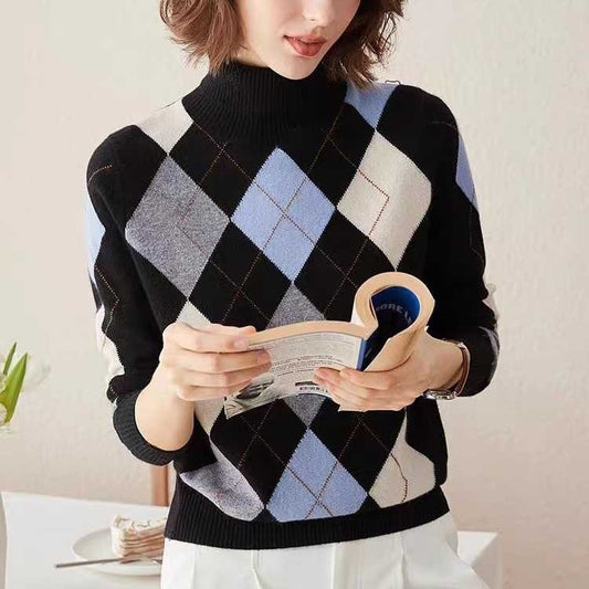 Vintage Diamond Lattice Pure Cashmere High Lapel Inlay Knitted Sweater