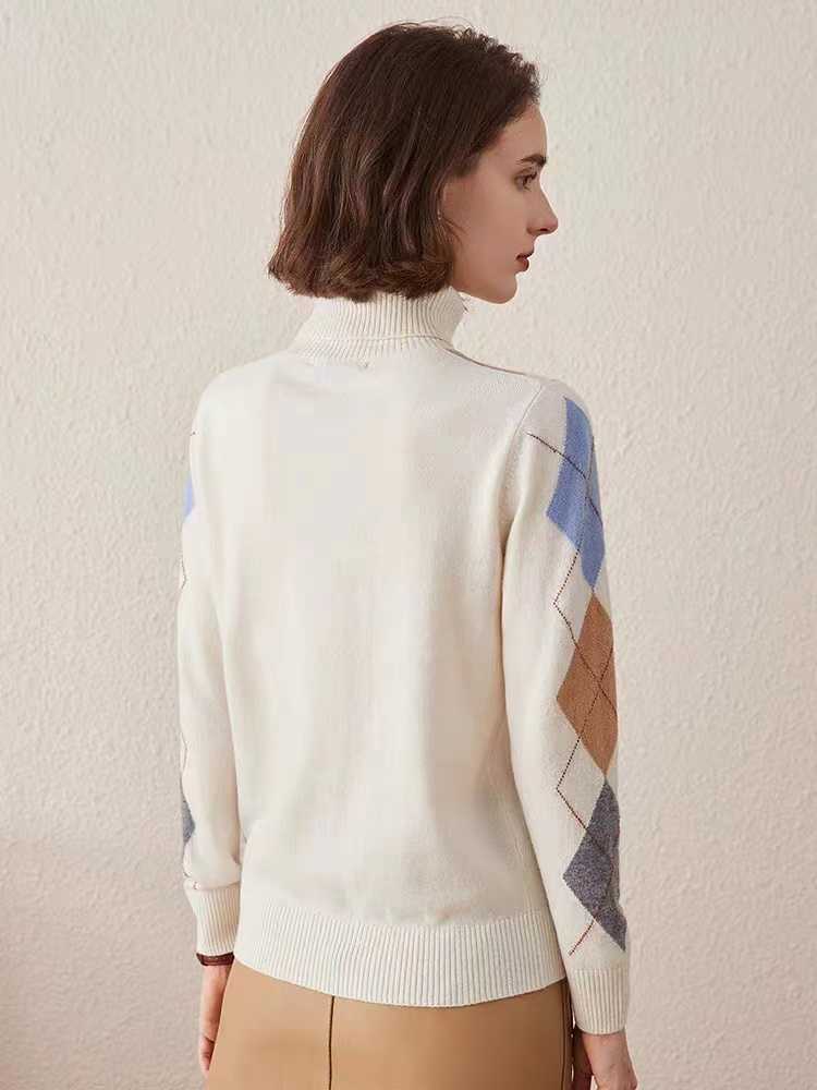 Vintage Diamond Lattice Pure Cashmere High Lapel Inlay Knitted Sweater