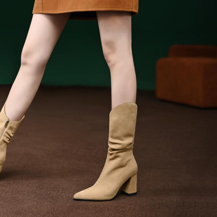 Women's Korean Style Thick Heel Pointed Toe Nubuck Leather Folded Mid-tube Ankle Boots