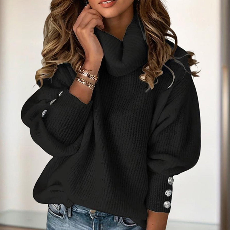 Women's Solid Color High-Neck Sweater - Button Cuff Detail, Cozy Fall&Winter Loose-Fit Top