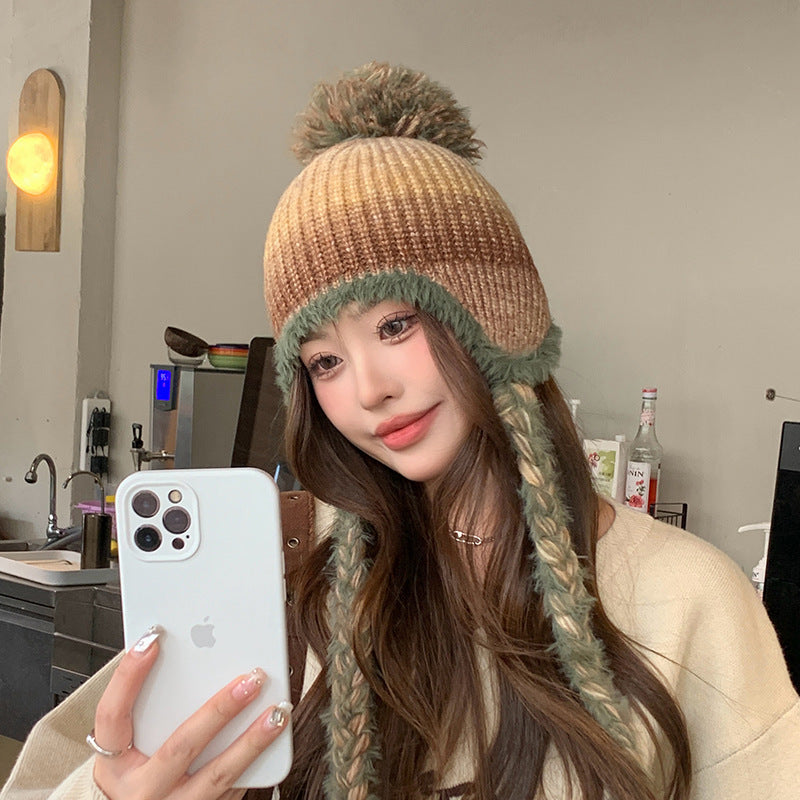 New Style With Fur Ball Thickened Woolen Cap Korean Style Earflaps Slipover Knitted Hat