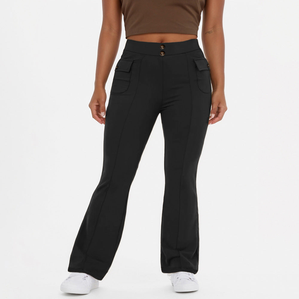 High Waist Button Side Flap Pocket Bell-bottom Pants