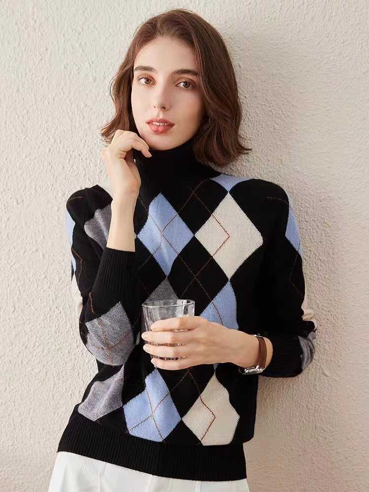 Vintage Diamond Lattice Pure Cashmere High Lapel Inlay Knitted Sweater