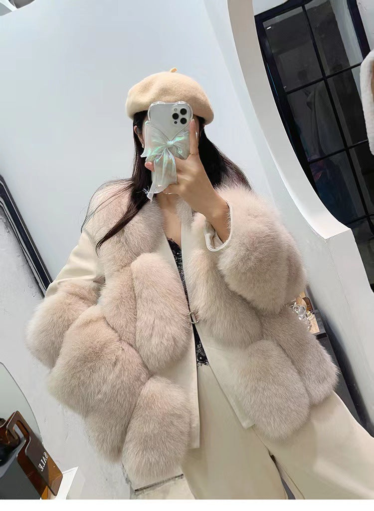 Women's Black And White Contrast Fur Coat
