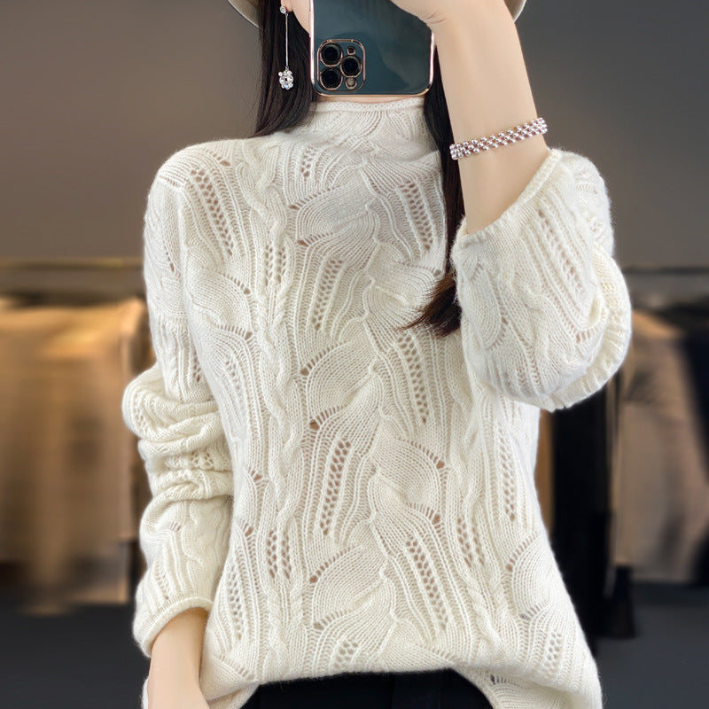 Autumn And Winter New Half High Collar Pullover Solid Color Hollow Sweater