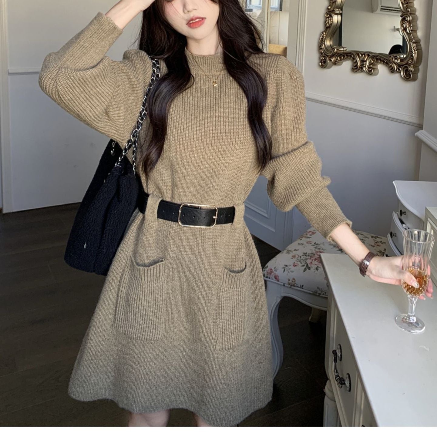 Long Sleeve Loose Knitted Base Dress Women