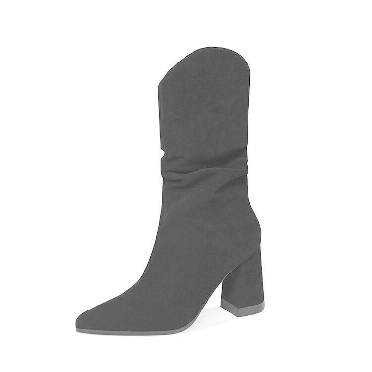 Women's Korean Style Thick Heel Pointed Toe Nubuck Leather Folded Mid-tube Ankle Boots