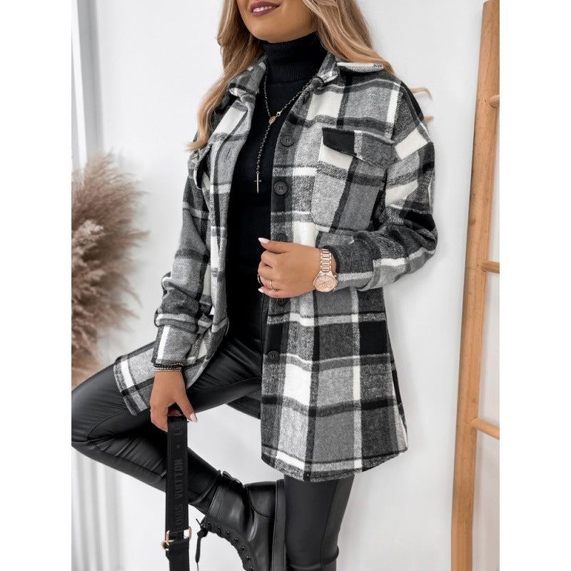 Long Sleeve Single-breasted Plaid Printed Blouse Collar Woolen Coat