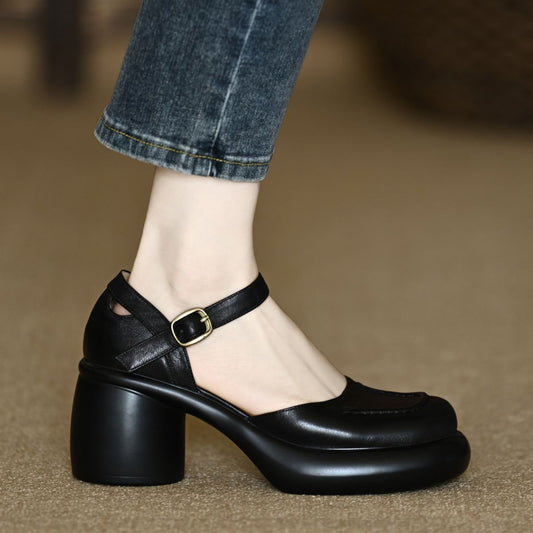 Closed Toe Thick Heel Ankle-strap Shallow Mouth