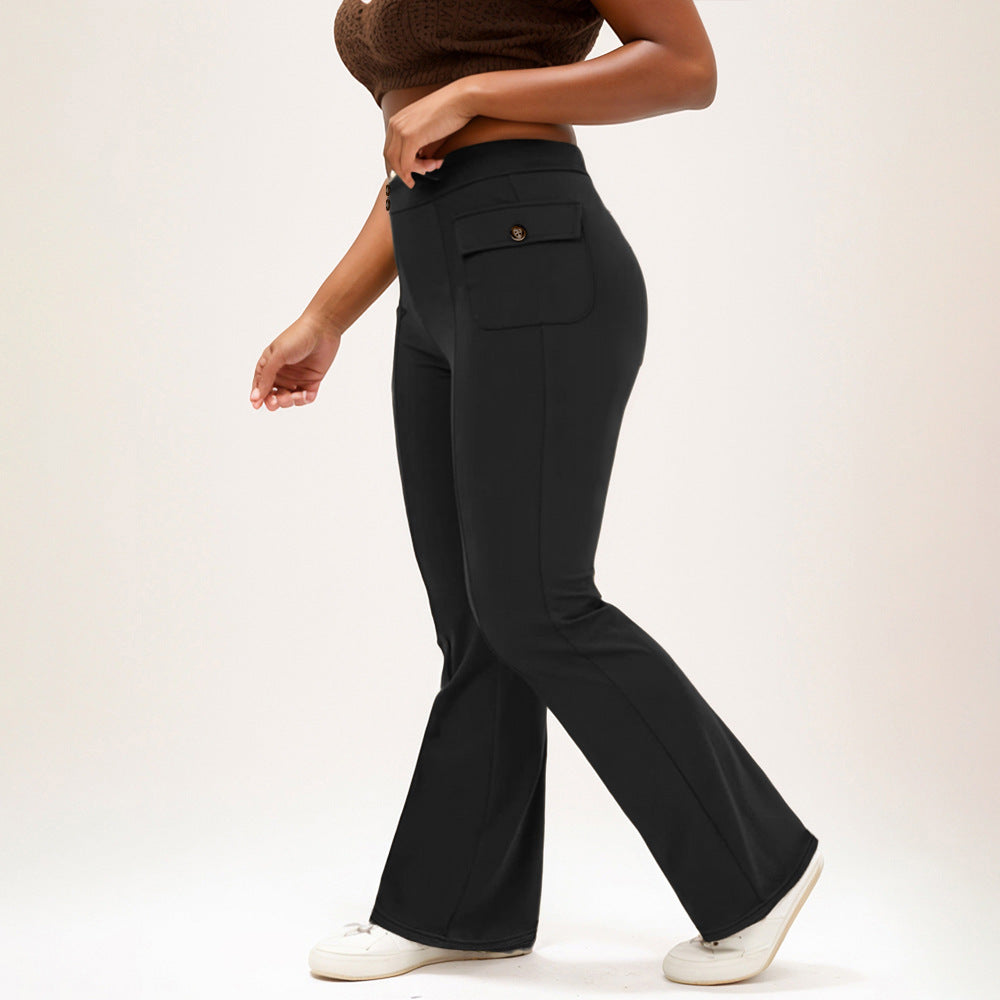 High Waist Button Side Flap Pocket Bell-bottom Pants