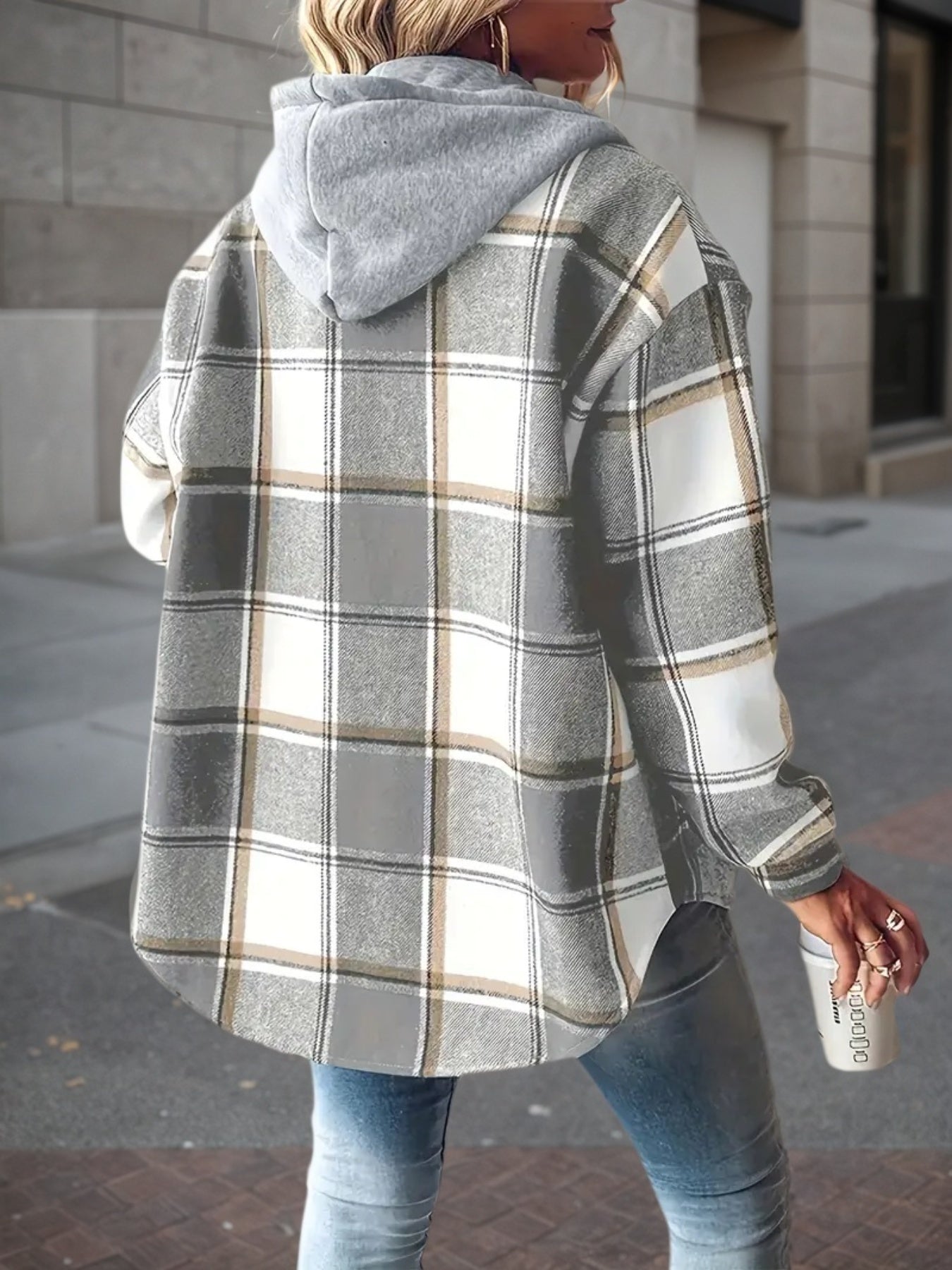 New Plaid Pattern Long Sleeved Hook And Loop Wool Lined Hooded Jacket For Warmth, Women's Plaid Hooded Drawstring Jacket, Single Breasted Closure, Comfortable And Casual