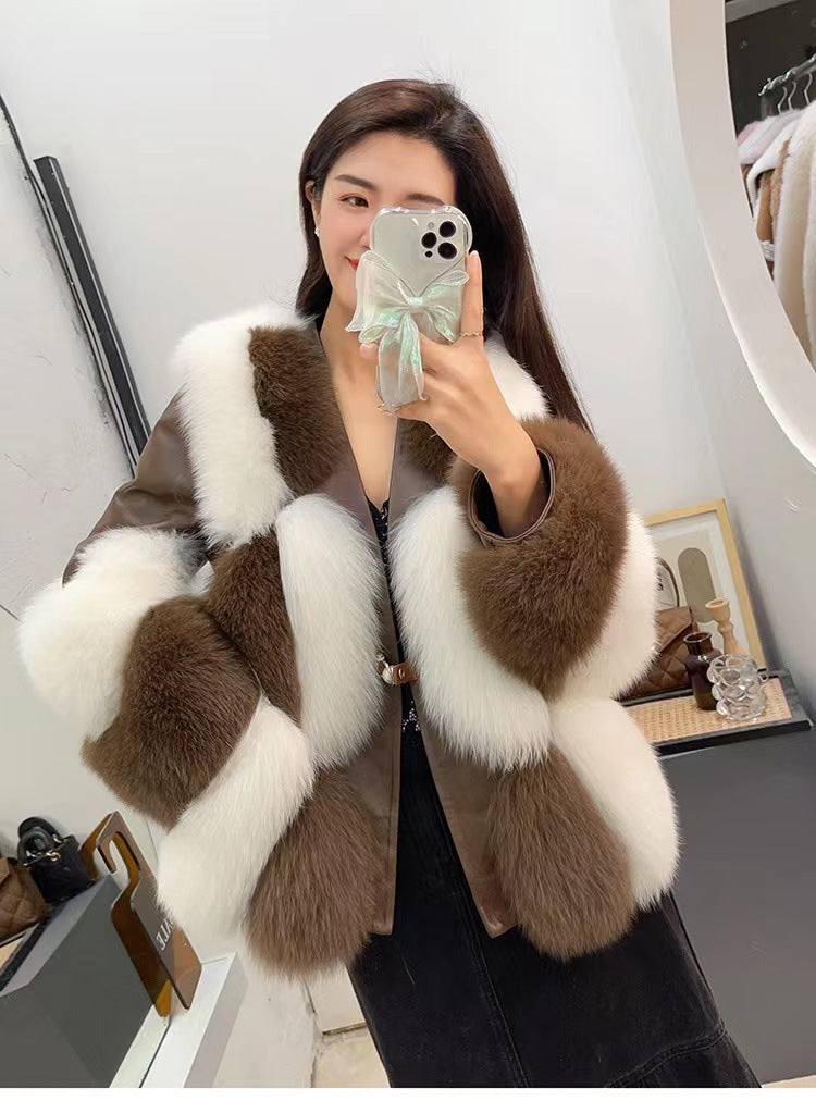 Women's Black And White Contrast Fur Coat