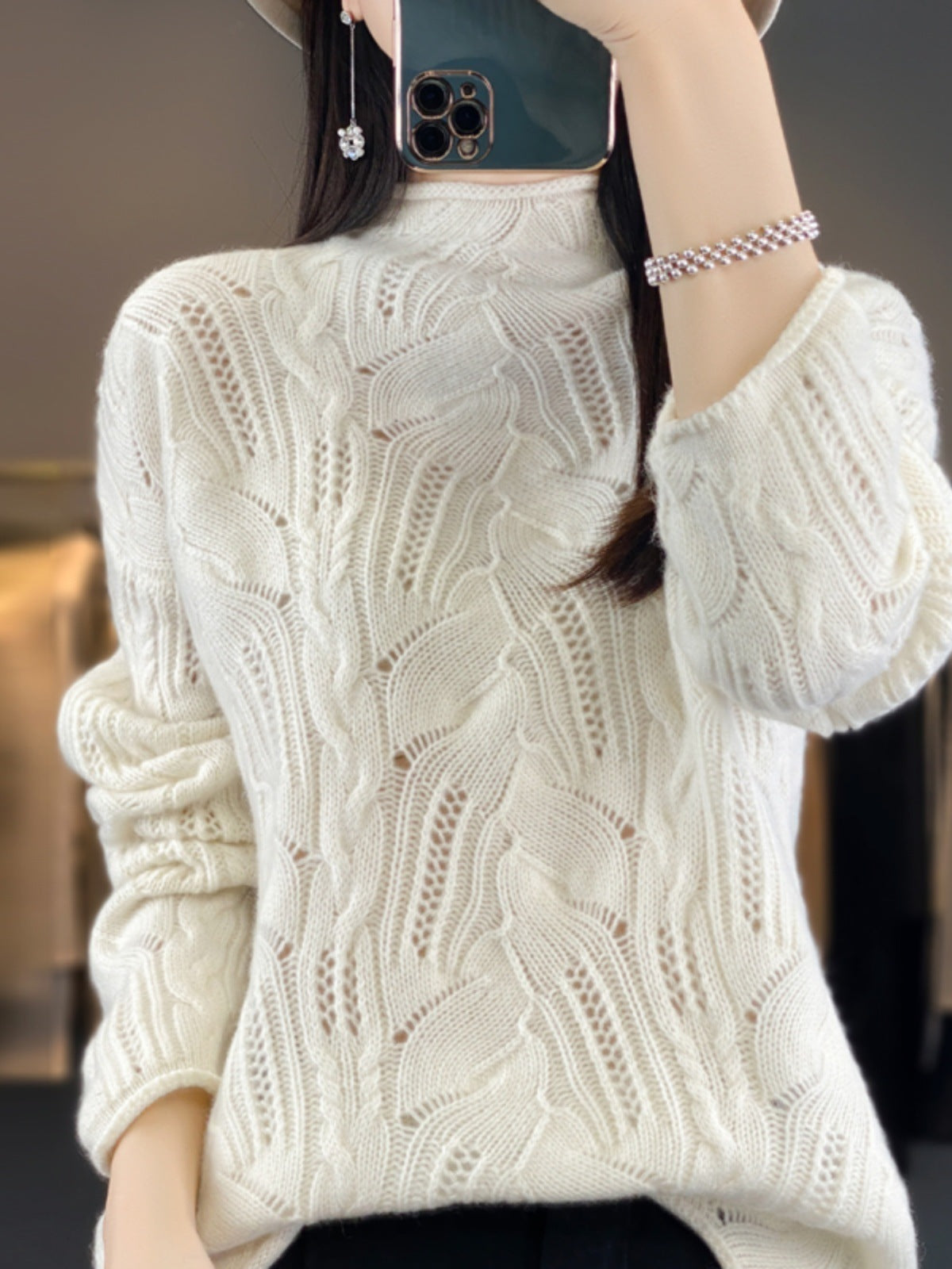 Autumn And Winter New Half High Collar Pullover Solid Color Hollow Sweater