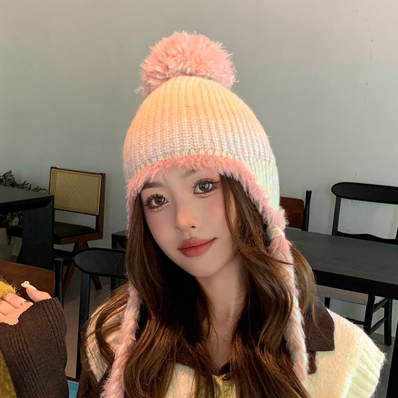 New Style With Fur Ball Thickened Woolen Cap Korean Style Earflaps Slipover Knitted Hat
