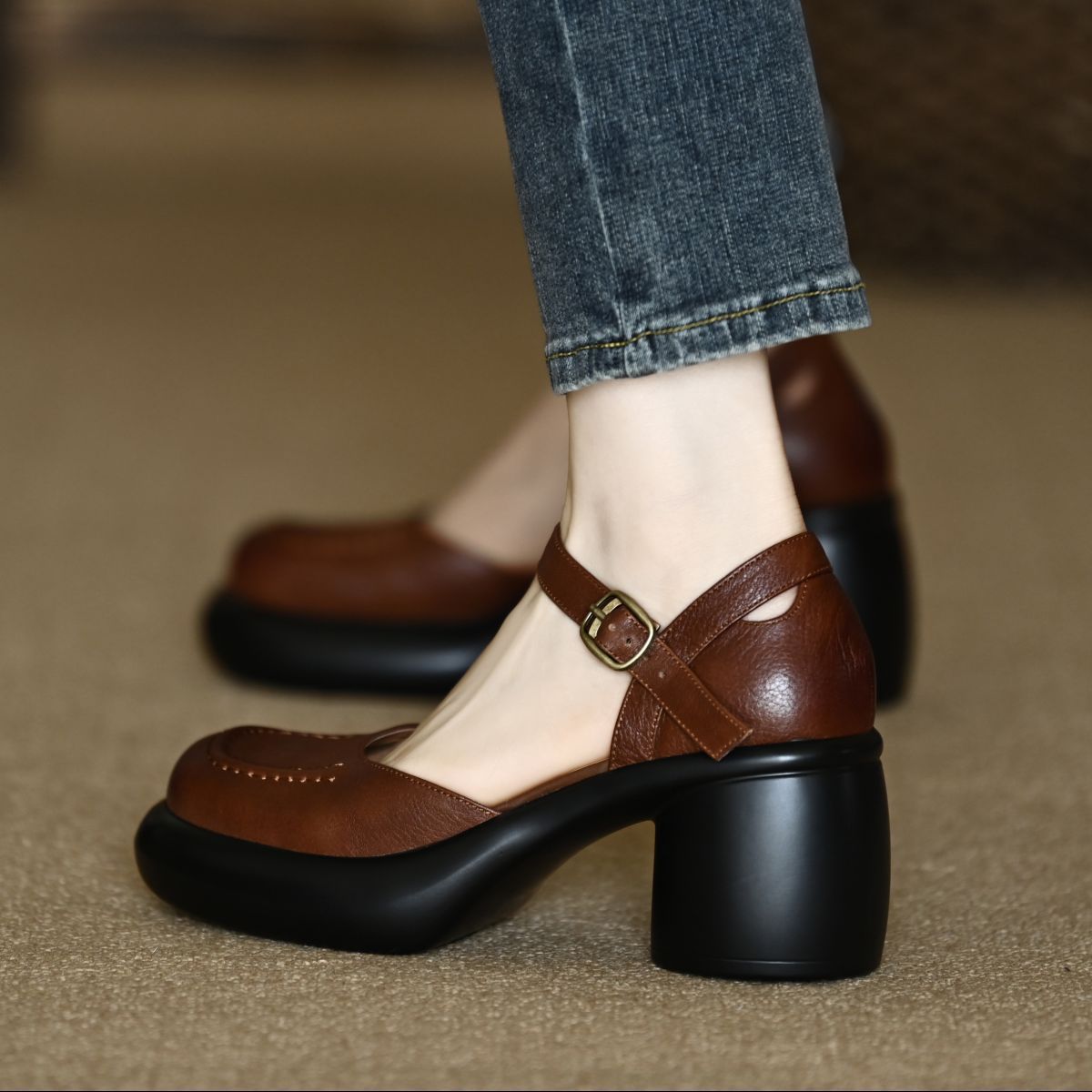 Closed Toe Thick Heel Ankle-strap Shallow Mouth