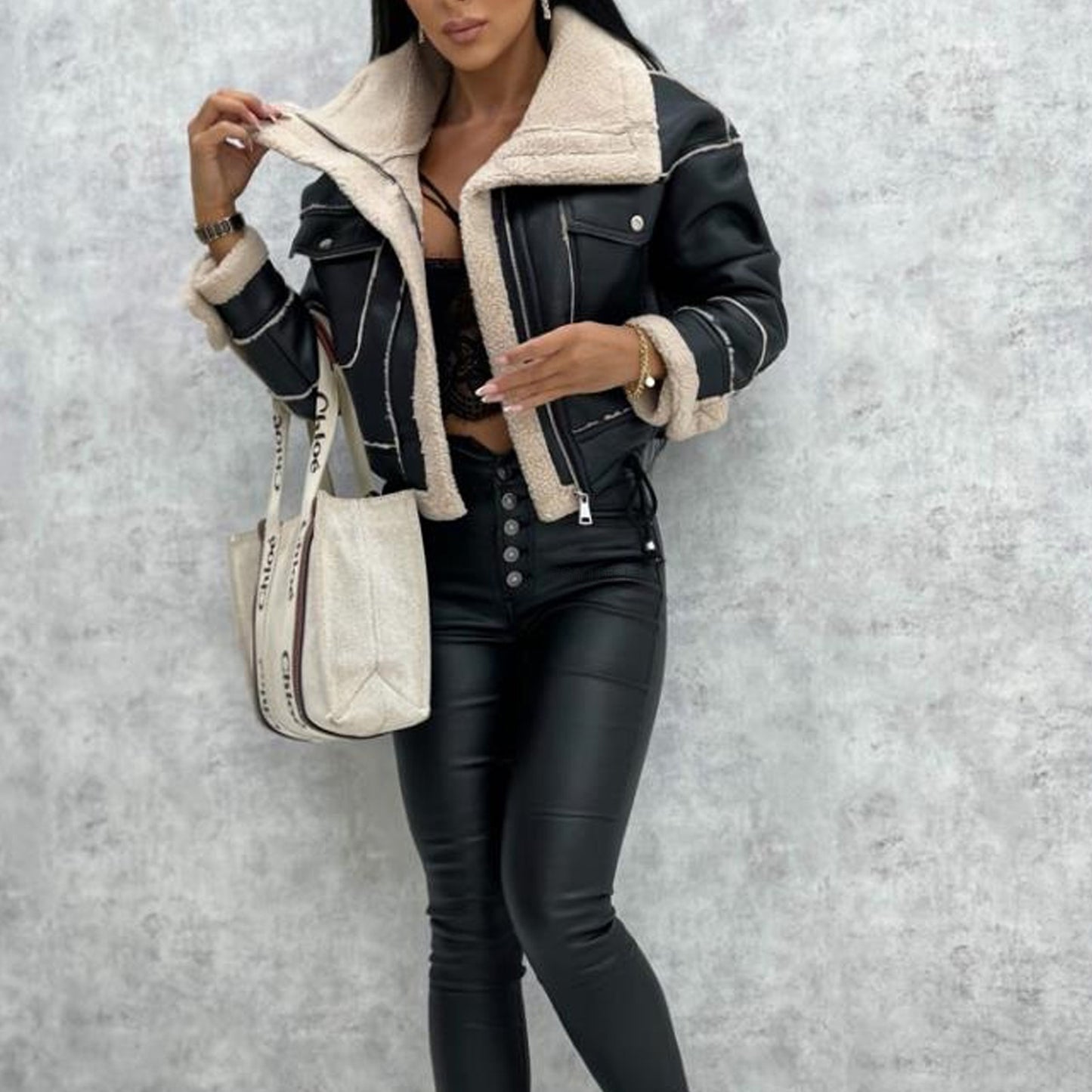 Autumn And Winter New Lamb Wool Short Coat Zipper Motorcycle Style PU Leather Jacket Tops For Women