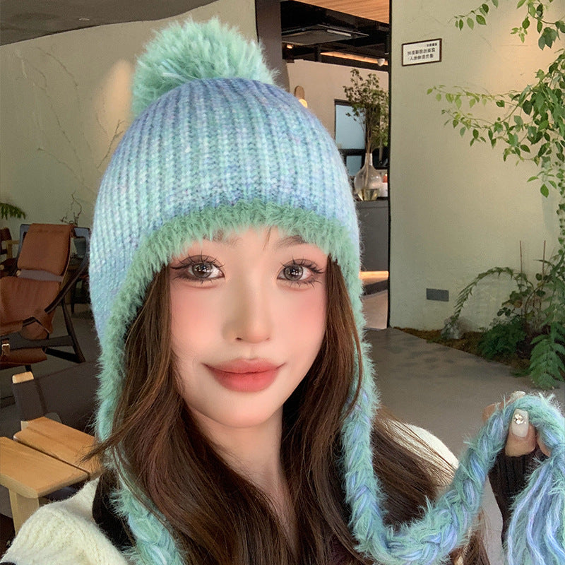 New Style With Fur Ball Thickened Woolen Cap Korean Style Earflaps Slipover Knitted Hat
