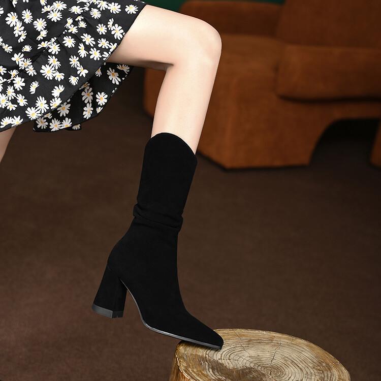 Women's Korean Style Thick Heel Pointed Toe Nubuck Leather Folded Mid-tube Ankle Boots