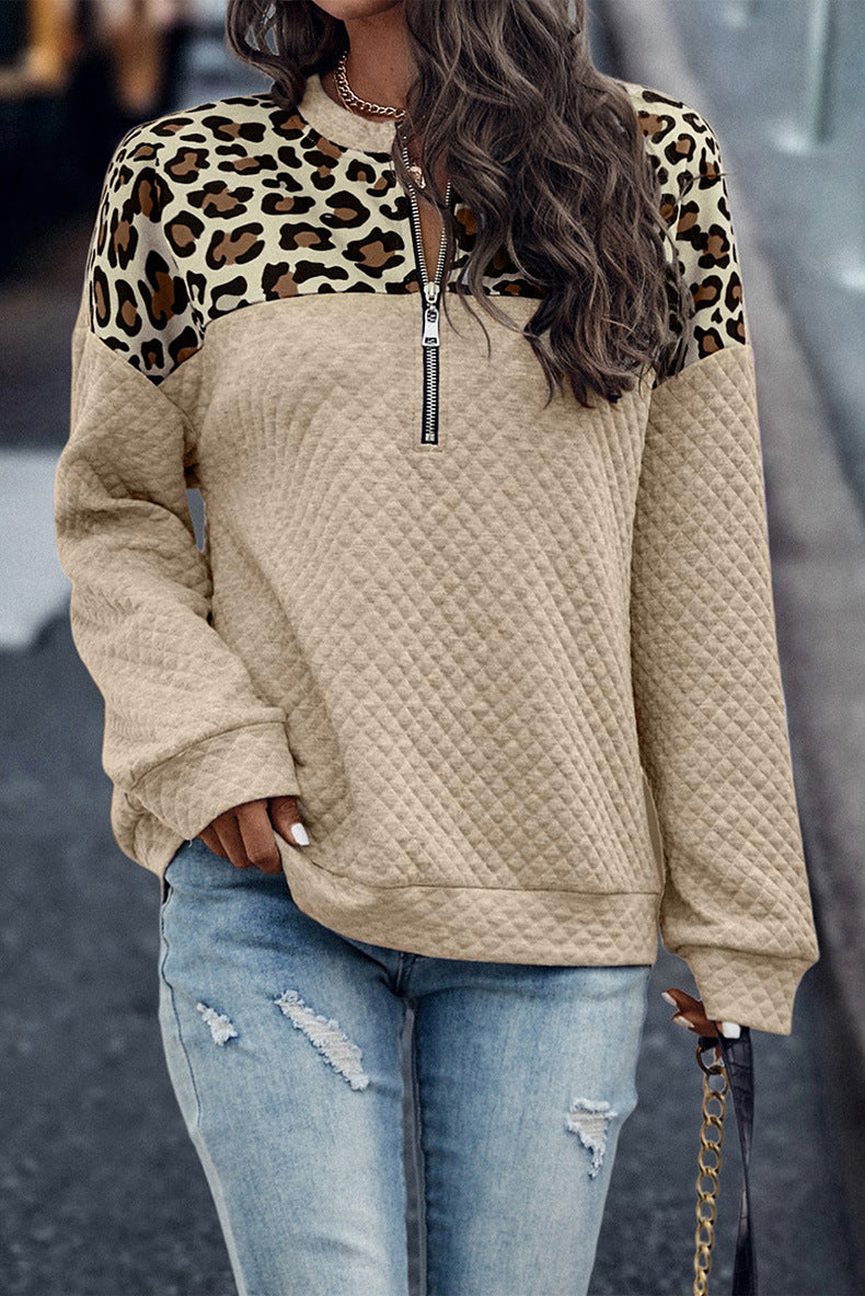 Leopard Print Stitching Zipper Sweatshirt Women's Hot Sale Casual Warm Pullover Long Sleeve Top